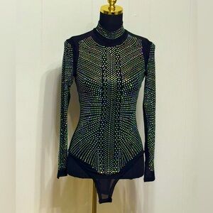 #12)  Elegant Black Body Suit with rainbow reflections Rhinestone detail